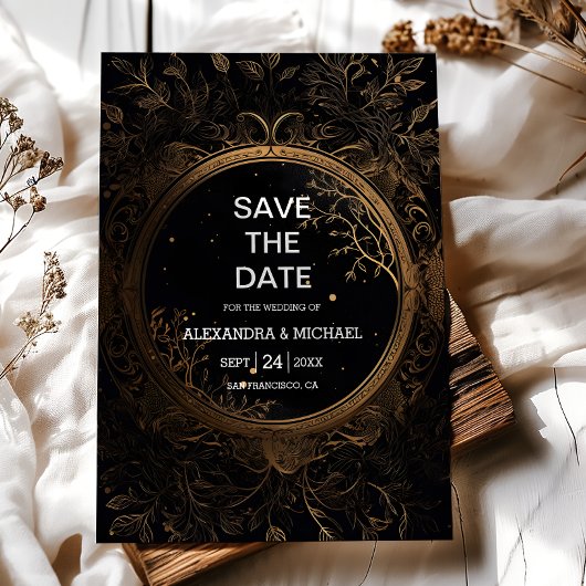 Mystical Celestial Black and Gold Wedding Save The Date