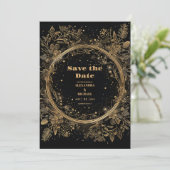 Mystical Celestial Black and Gold Wedding Save The Date (Stehend Vorderseite)