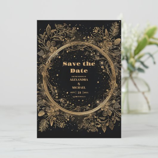 Mystical Celestial Black and Gold Wedding Save The Date (Stehend Vorderseite)
