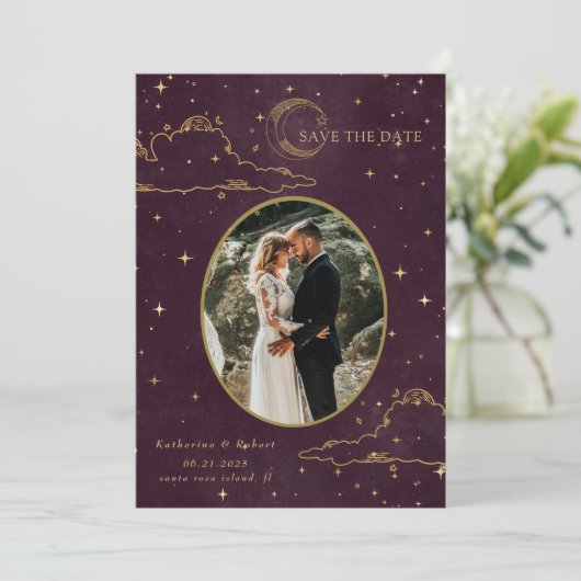 Mystical Celestial Gold Moon Clouds Wedding Save The Date (Stehend Vorderseite)