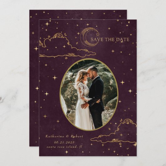 Mystical Celestial Gold Moon Clouds Wedding Save The Date (Vorne/Hinten)