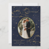 Mystical Celestial Gold Moon Clouds Wedding Save The Date (Vorderseite)