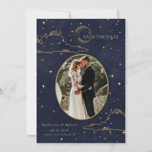 Mystical Celestial Gold Moon Clouds Wedding Save The Date (Vorderseite)