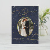 Mystical Celestial Gold Moon Clouds Wedding Save The Date (Stehend Vorderseite)