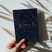 Mystical Celestial Gold Moon Dark Blue Wedding Einladung