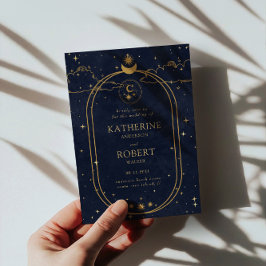 Mystical Celestial Gold Moon Dark Blue Wedding Einladung