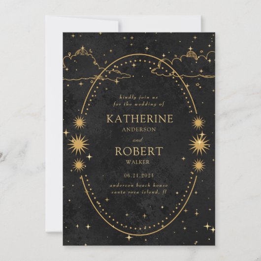 Mystical Celestial Gold Moon Stars Black Wedding Einladung (Vorderseite)