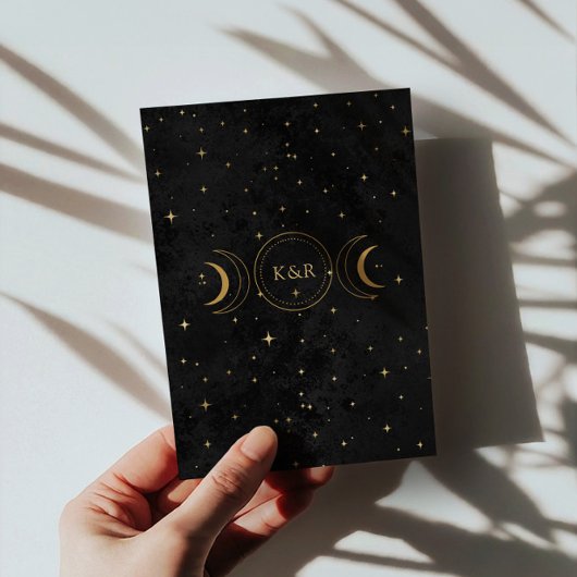 Mystical Celestial Gold Moon Stars Black Wedding Einladung
