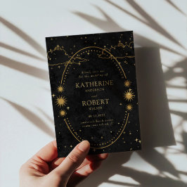 Mystical Celestial Gold Moon Stars Black Wedding Einladung
