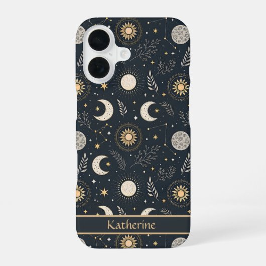 Mystical Celestial Moon Pattern Custom Name iPhone 16 Hülle (Rückseite)