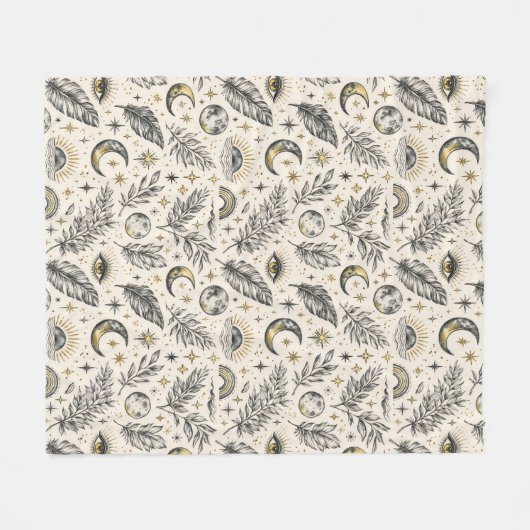 Mystical Celestial Moon Stars Pattern Fleecedecke (Vorderseite (Horizontal))