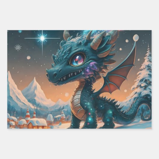 Mystical Chibi Dragon Winter Landschaft Geschenkpapier Set (Vorderseite)