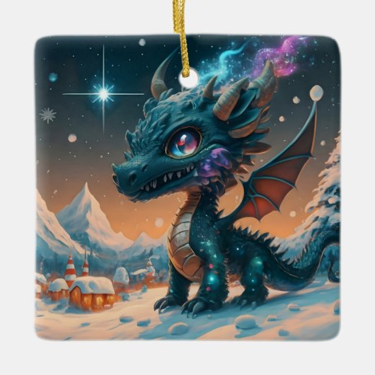 Mystical Chibi Dragon Winter Landschaft Keramikornament (Vorderseite)
