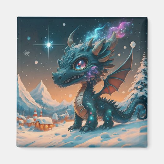 Mystical Chibi Dragon Winter Landschaft Magnet (Vorne)