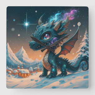Mystical Chibi Dragon Winter Landschaft Quadratische Wanduhr