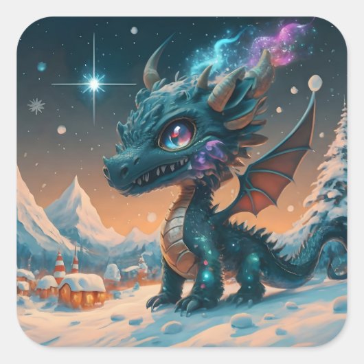 Mystical Chibi Dragon Winter Landschaft Quadratischer Aufkleber (Vorderseite)