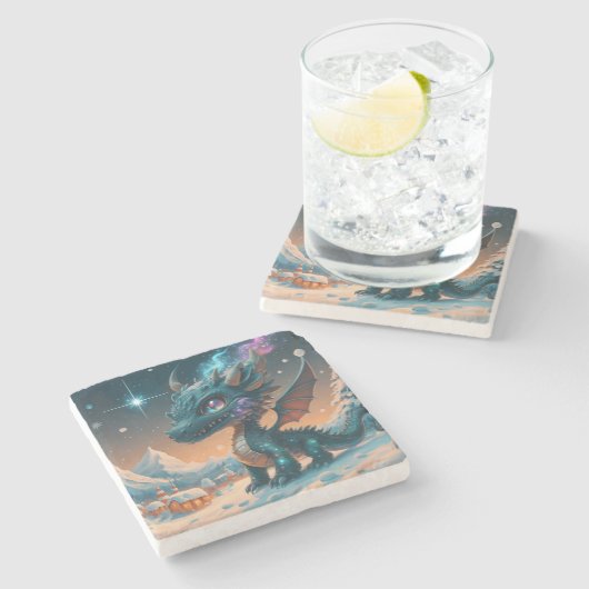 Mystical Chibi Dragon Winter Landschaft Steinuntersetzer (Seitenansicht)