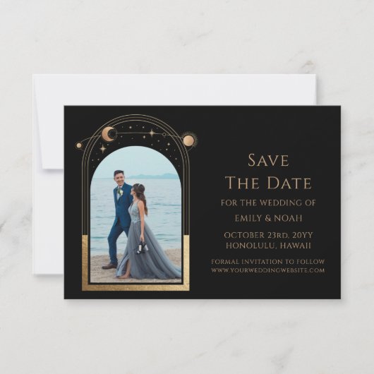 Mystical Chic Black Gold Sun Moon Star Space Save The Date (Vorderseite)