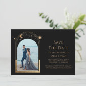 Mystical Chic Black Gold Sun Moon Star Space Save The Date (Stehend Vorderseite)