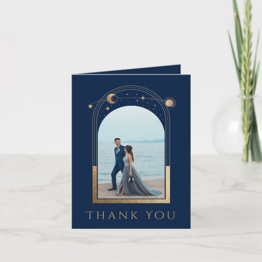 Mystical Chic Blue Gold Star Moon Foto Hochzeit Dankeskarte (Vorderseite)