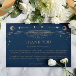 Mystical Chic Blue Gold Star Moon Foto Hochzeit Dankeskarte
