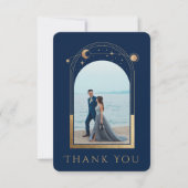 Mystical Chic Blue Gold Star Moon Foto Hochzeit Dankeskarte (Vorderseite)