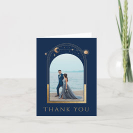 Mystical Chic Blue Gold Star Moon Foto Hochzeit Dankeskarte