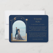 Mystical Chic Blue Gold Star Moon Foto Hochzeit Dankeskarte (Vorderseite)