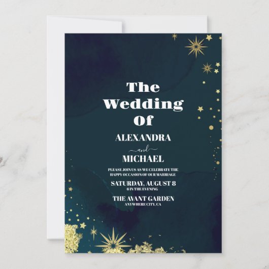 Mystical Chic Blue Gold Star Moon Wedding Einladung (Vorderseite)
