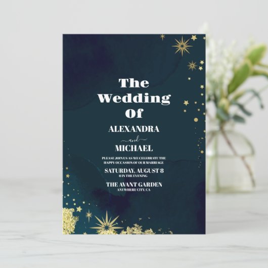 Mystical Chic Blue Gold Star Moon Wedding Einladung (Stehend Vorderseite)