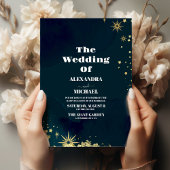 Mystical Chic Blue Gold Star Moon Wedding Einladung