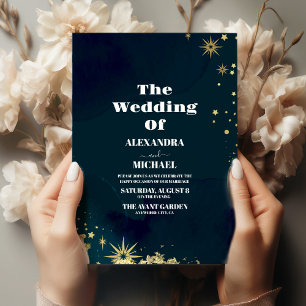 Mystical Chic Blue Gold Star Moon Wedding Einladung