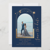 Mystical Chic Blue Gold Sun Moon Star Space Save The Date (Vorderseite)
