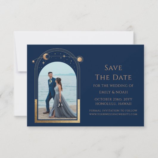 Mystical Chic Blue Gold Sun Moon Star Space Save The Date (Vorderseite)