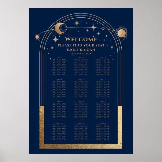 Mystical Chic Blue Gold Sun Moon Stars Hochzeit Poster (Vorne)