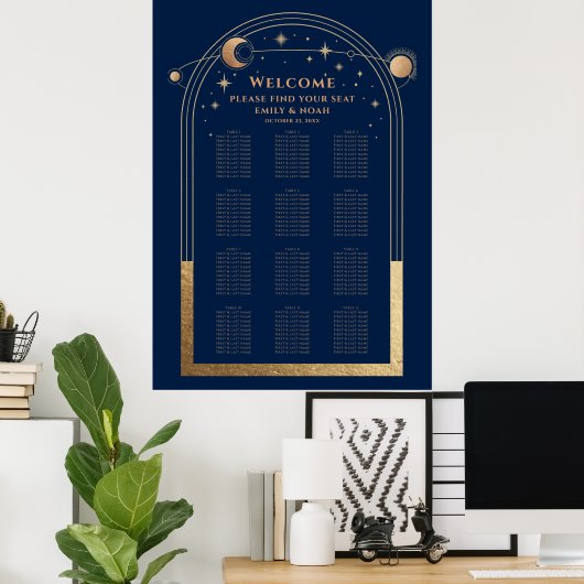 Mystical Chic Blue Gold Sun Moon Stars Hochzeit Poster (Heimbüro)