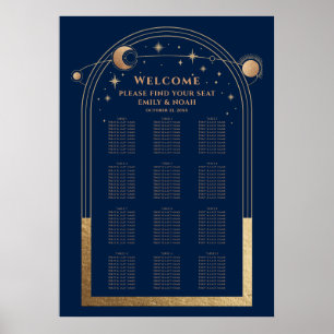 Mystical Chic Blue Gold Sun Moon Stars Hochzeit Poster