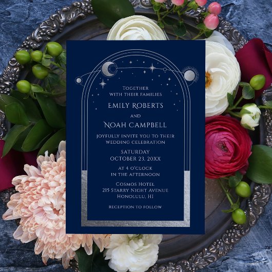 Mystical Chic Blue Silver Star Moon Foto Space Einladung