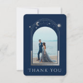 Mystical Chic Blue Silver Star Moon Foto Wedding Dankeskarte (Vorderseite)