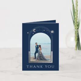 Mystical Chic Blue Silver Star Moon Foto Wedding Dankeskarte