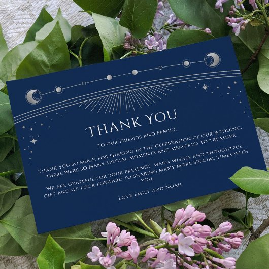 Mystical Chic Blue Silver Star Moon Foto Wedding Dankeskarte