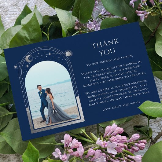 Mystical Chic Blue Silver Star Moon Foto Wedding Dankeskarte