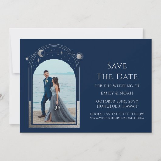 Mystical Chic Blue Silver Sun Moon Star Space Save The Date (Vorderseite)