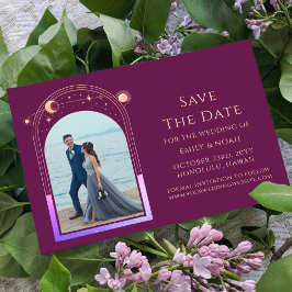 Mystical Chic Fuchsia Gold Star Moon Foto Space Save The Date