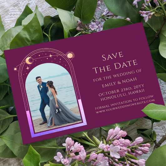 Mystical Chic Fuchsia Gold Star Moon Foto Space Save The Date