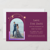 Mystical Chic Fuchsia Gold Star Moon Foto Space Save The Date (Vorderseite)