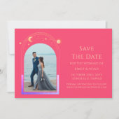 Mystical Chic Fuchsia Pink Star Moon Foto Space Save The Date (Vorderseite)