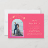 Mystical Chic Fuchsia Pink Star Moon Foto Space Save The Date (Vorderseite)
