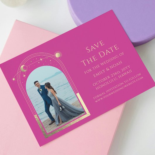 Mystical Chic Pink Gold Star Moon Foto Space Save The Date