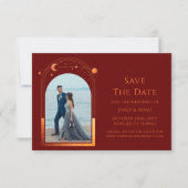 Mystical Chic Red Orange Star Moon Foto Space Save The Date (Vorderseite)